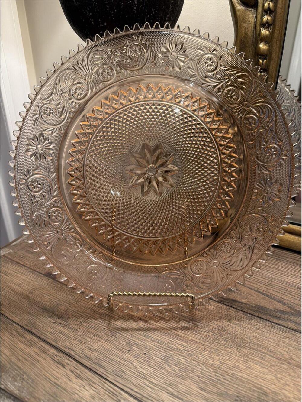 Tiara Sandwich Pink Peach 12" Glass Platter/Charger Vintage